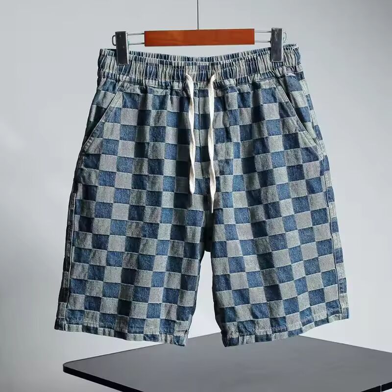Male Denim Shorts Half Bermuda Long Loose Plaid Baggy Wide Men's Short Jeans Pants Thin Blue Korean Fashion Original Harajuku Xl