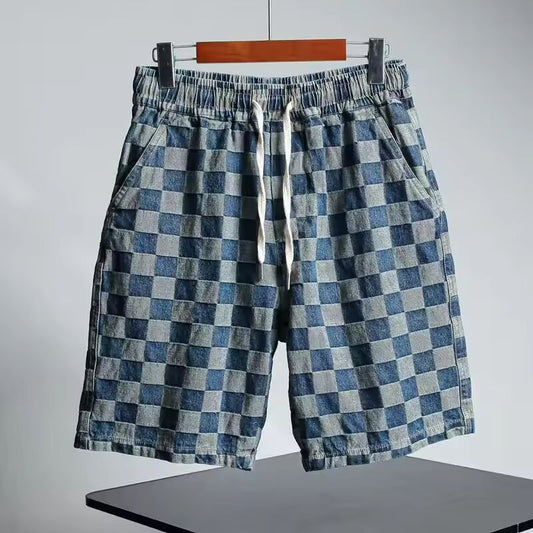 Male Denim Shorts Half Bermuda Long Loose Plaid Baggy Wide Men's Short Jeans Pants Thin Blue Korean Fashion Original Harajuku Xl